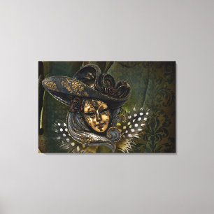 Carnival Mask-Green Damask Wrapped Canvas