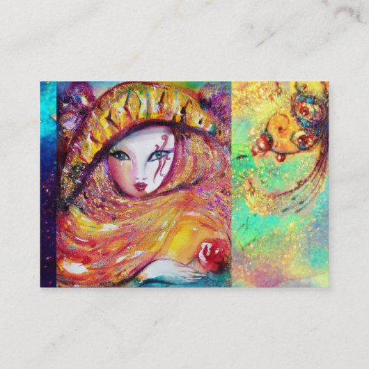 CARNIVAL MASK IN GEEL/BLUE GREEN GOLD SPARKLES VISITEKAARTJE (Achterkant)