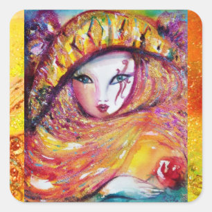 CARNIVAL MASK IN GEEL MET RODE ROSE ROSE VIERKANTE STICKER