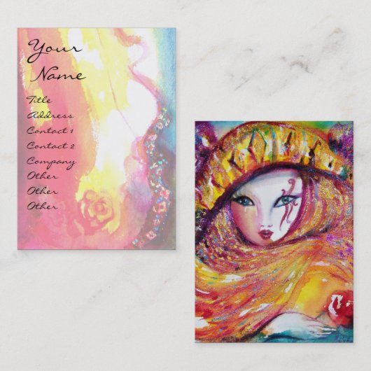 CARNIVAL MASK IN GEEL MET RODE ROSE ROSE VISITEKAARTJE (Voorkant / Achterkant)