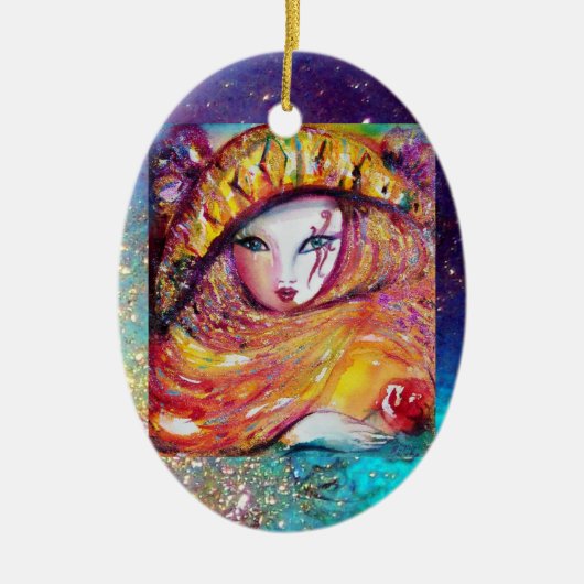 CARNIVAL MASK IN GOLD YELLOW MET RODE ROSE KERAMISCH ORNAMENT (Voorkant)