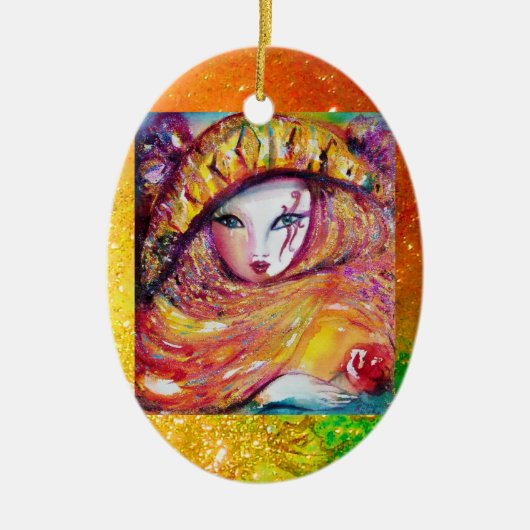 CARNIVAL MASK IN GOLD YELLOW MET RODE ROSE KERAMISCH ORNAMENT (Voorkant)