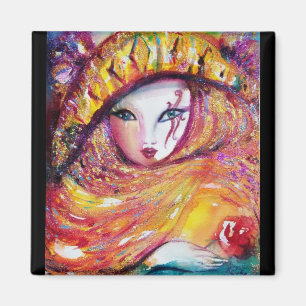 CARNIVAL MASK IN GOLD YELLOW MET RODE ROSE MAGNEET