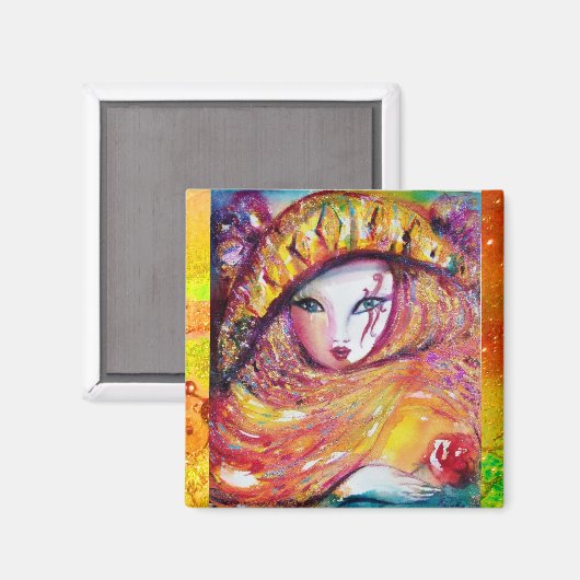 CARNIVAL MASK IN GOLD YELLOW MET RODE ROSE MAGNEET (Voorkant / Achterkant)