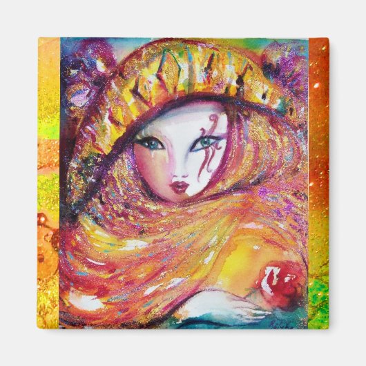 CARNIVAL MASK IN GOLD YELLOW MET RODE ROSE MAGNEET (Voorkant)