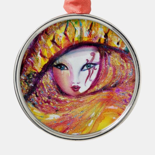 CARNIVAL MASK IN GOLD YELLOW MET RODE ROSE METALEN ORNAMENT (Voorkant)