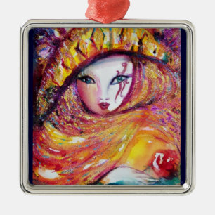 CARNIVAL MASK IN GOLD YELLOW MET RODE ROSE METALEN ORNAMENT