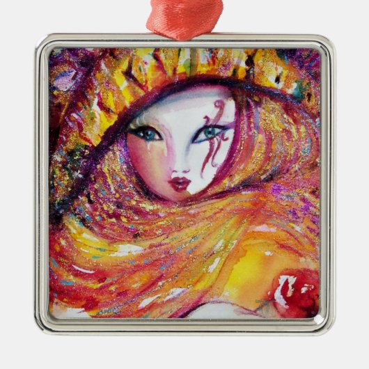 CARNIVAL MASK IN GOLD YELLOW MET RODE ROSE METALEN ORNAMENT (Voorkant)