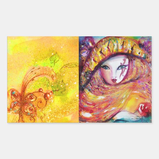 CARNIVAL MASK IN GOLD YELLOW MET RODE ROSE RECHTHOEKIGE STICKER (Voorkant)
