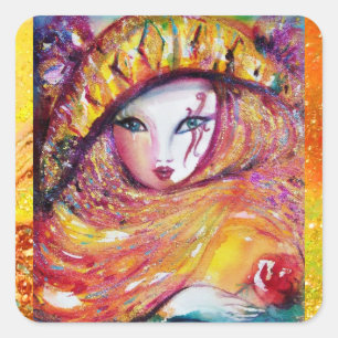 CARNIVAL MASK IN GOLD YELLOW MET RODE ROSE VIERKANTE STICKER