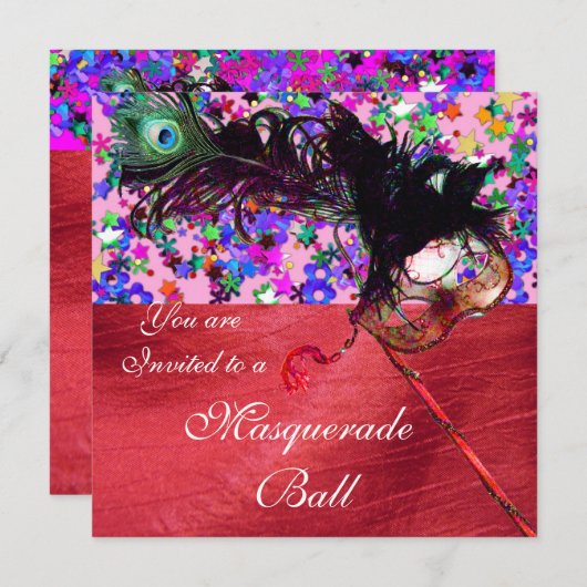 CARNIVAL MASKARADE & CONFETTI rode zijde Kaart (Voorkant / Achterkant)