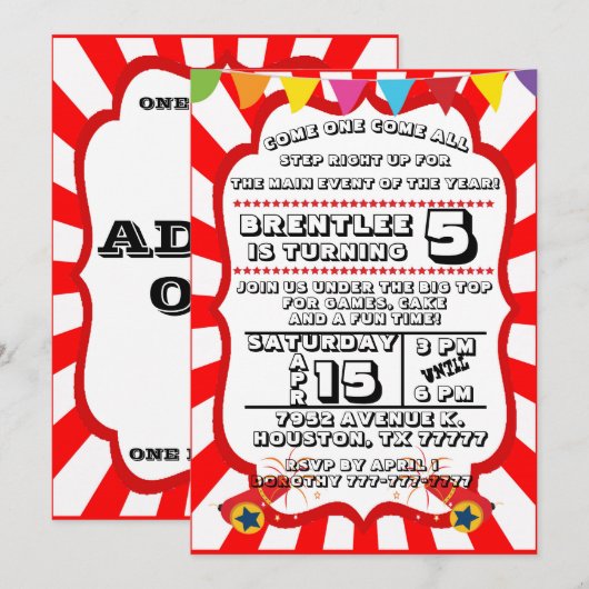Carnival Party Invitation, Circus Invitation Kaart (Voorkant / Achterkant)
