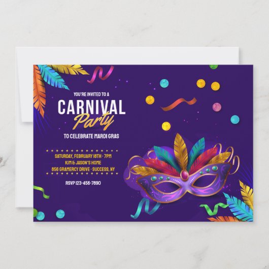 Carnival Party Mardi Gras Uitnodiging (Voorkant)