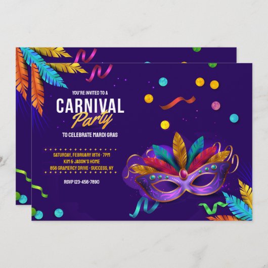 Carnival Party Mardi Gras Uitnodiging (Voorkant / Achterkant)
