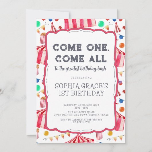 Carnival Party Pink Circus Girl 1ste verjaardag Kaart (Voorkant)