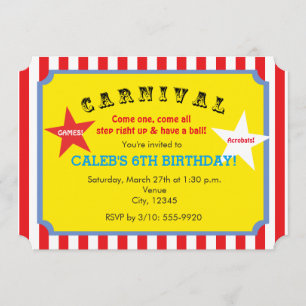 Carnival Striped Birthday Party Ticket Invitation Kaart