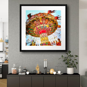 Carnival swing ride blue sky  retro foto poster