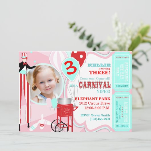 Carnival Theme Birthday Invitation A7-PKRD Kaart (Staand voorkant)