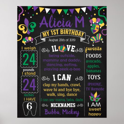 Carnivalemmasker Mardi Gras First Birthday-alkboar Poster (Voorkant)