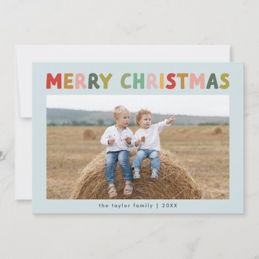 CAROL Blauw Schattigee Kinderen Foto Vrolijk Kerst Feestdagenkaart (Voorkant)