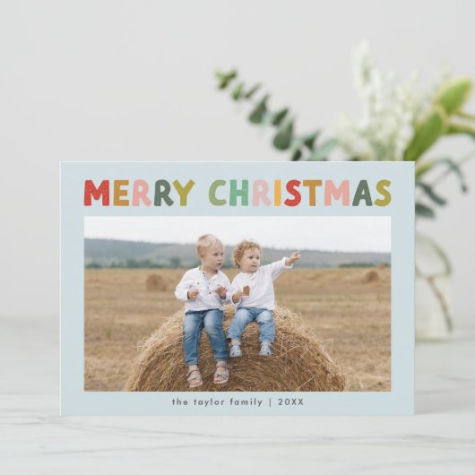 CAROL Blauw Schattigee Kinderen Foto Vrolijk Kerst Feestdagenkaart (Staand voorkant)