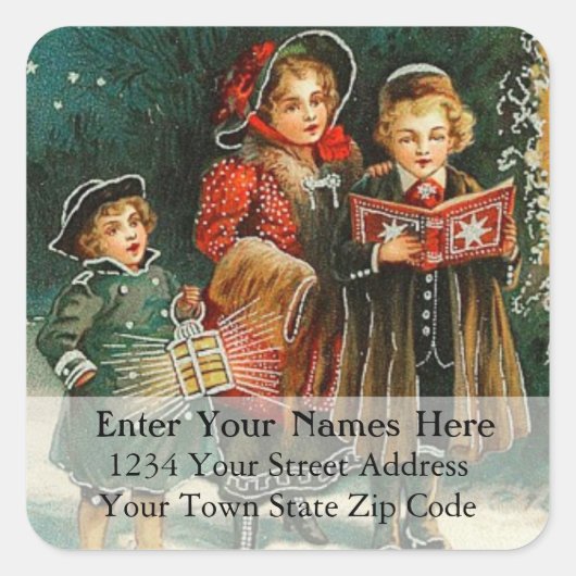 Carolers zingen Vintage Kerstmis Adreslabel Vierkante Sticker (Voorkant)