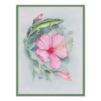 Carolina Anole & Hibiscus Art Photo Enlargement Foto Afdruk