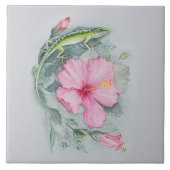 Carolina Anole & Hibiscus Ceramic Tegel Tegeltje (Voorkant)
