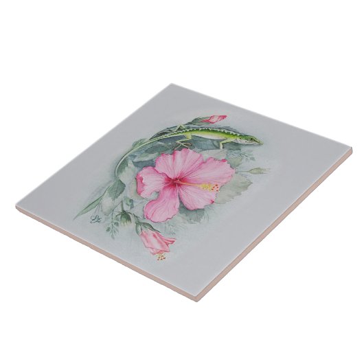 Carolina Anole & Hibiscus Ceramic Tegel Tegeltje (Zijkant)