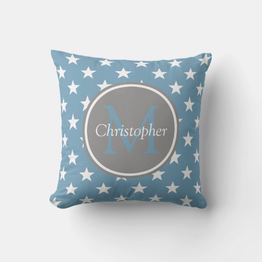 Carolina Blue en Dove Grey Stars Monogram Kussen (Voorkant)