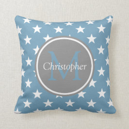 Carolina Blue en Dove Grey Stars Monogram Kussen