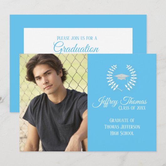 Carolina Blue Pet & Leaves Afstudeerder Invitation Kaart (Voorkant / Achterkant)