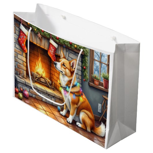 Carolina Dog Fireplace with Christmas Lights Groot Cadeauzakje (Voorkant Gekanteld)