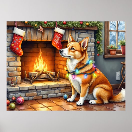 Carolina Dog Haard met Kerstverlichting Poster (Voorkant)