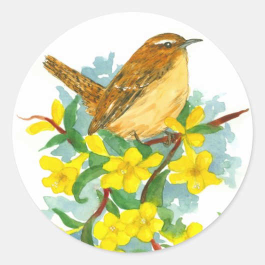 Carolina Wren Jessamine Waterverf Flowers Ronde Sticker (Voorkant)