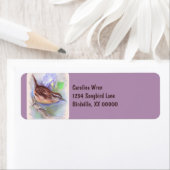 Carolina Wren met Morning Glory Flowers Etiket (Insitu)