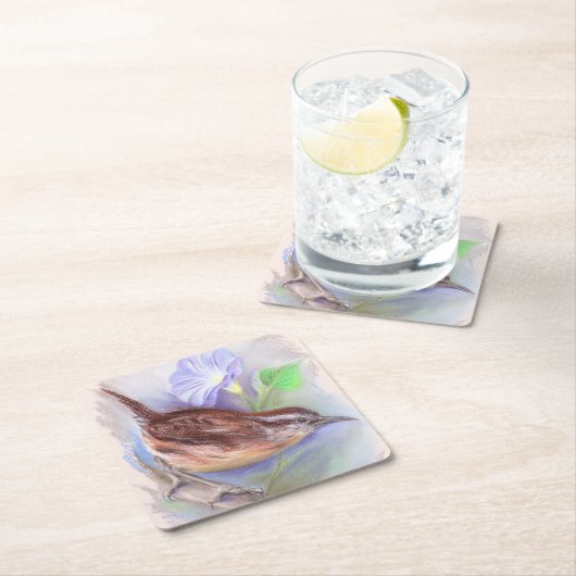 Carolina Wren met Morning Glory Flowers Kartonnen Onderzetters (Insitu)