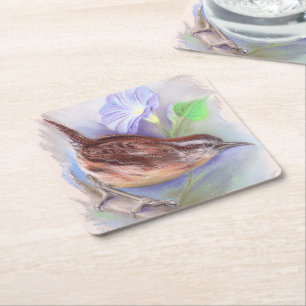 Carolina Wren met Morning Glory Flowers Kartonnen Onderzetters