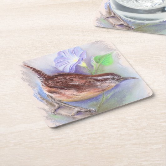 Carolina Wren met Morning Glory Flowers Kartonnen Onderzetters (Schuin)