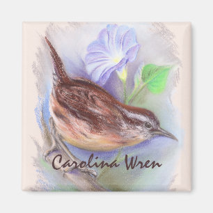Carolina Wren met Morning Glory Flowers Magneet