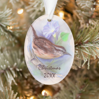 Carolina Wren met Morning Glory Flowers Ornament