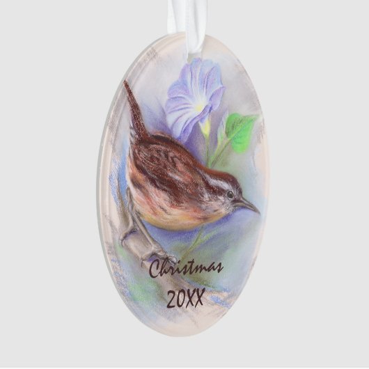 Carolina Wren met Morning Glory Flowers Ornament (voorkant)