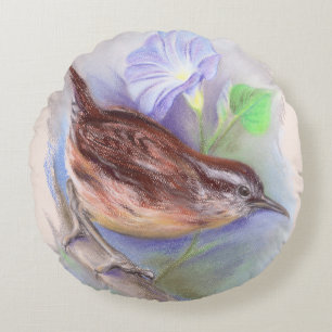 Carolina Wren met Morning Glory Flowers Rond Kussen
