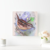 Carolina Wren met Morning Glory Flowers Vierkante Klok (Huis)