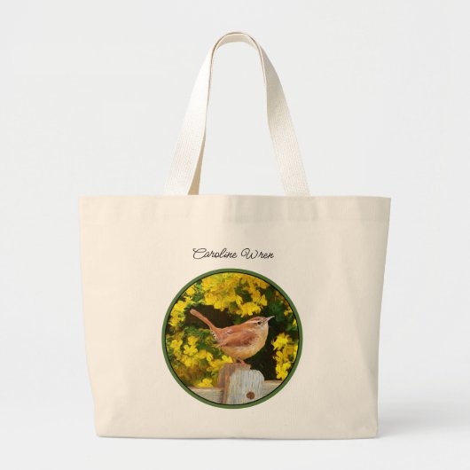 Carolina Wren over hekwerk met originele vogelkuns Grote Tote Bag (Voorkant)