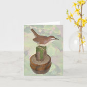 Carolina Wren Woodcarving Note Card Kaart (Gele Bloem)