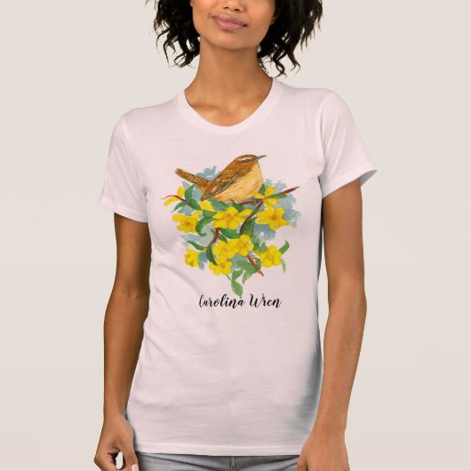 Carolina Wren Yellow Jessamine Waterverf T-shirt (Voorkant)
