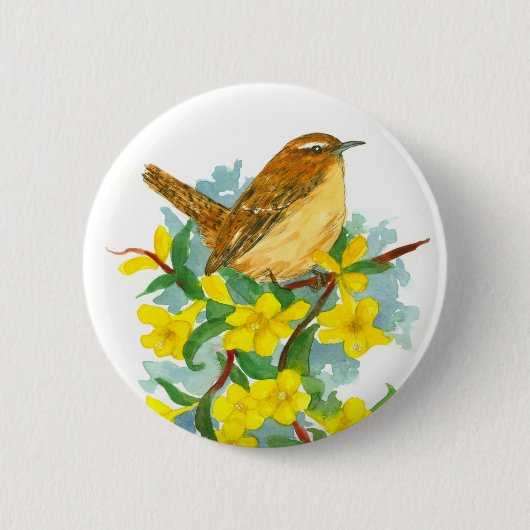 Carolina Yellow Jessamine Flowers Wren Bird Ronde Button 5,7 Cm (Voorkant)
