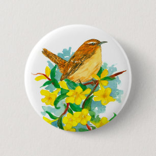 Carolina Yellow Jessamine Flowers Wren Bird Ronde Button 5,7 Cm