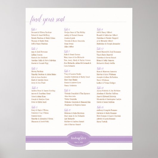 Caroline Seating Chart for Wedding, Lavender Poster (Voorkant)